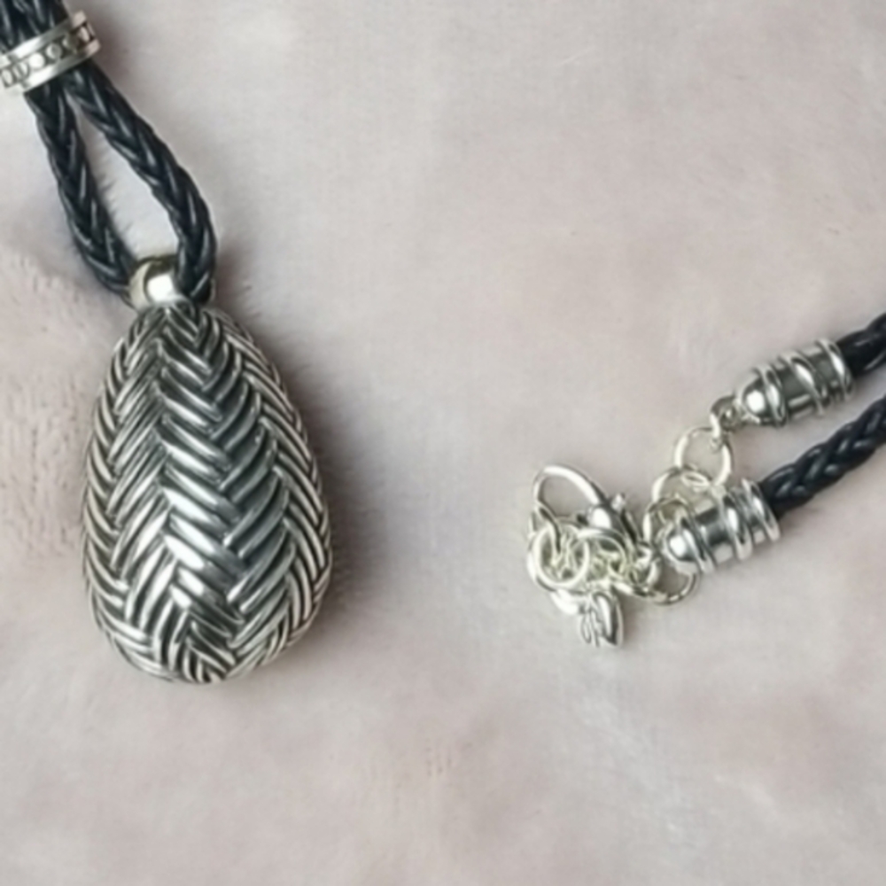 Brighton Braided Black Leather Cord Silver Pl Woven‎ Egg Pendant Necklace